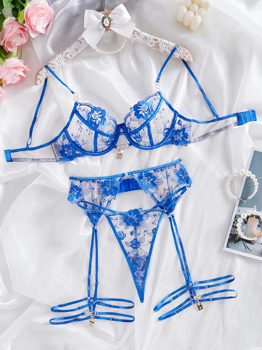 Erotic Women'S Spring 2024 New See-Through Embroidery Sexy Lingerie Garter Belt Leg Ring Three-Piece Set Onlyfans